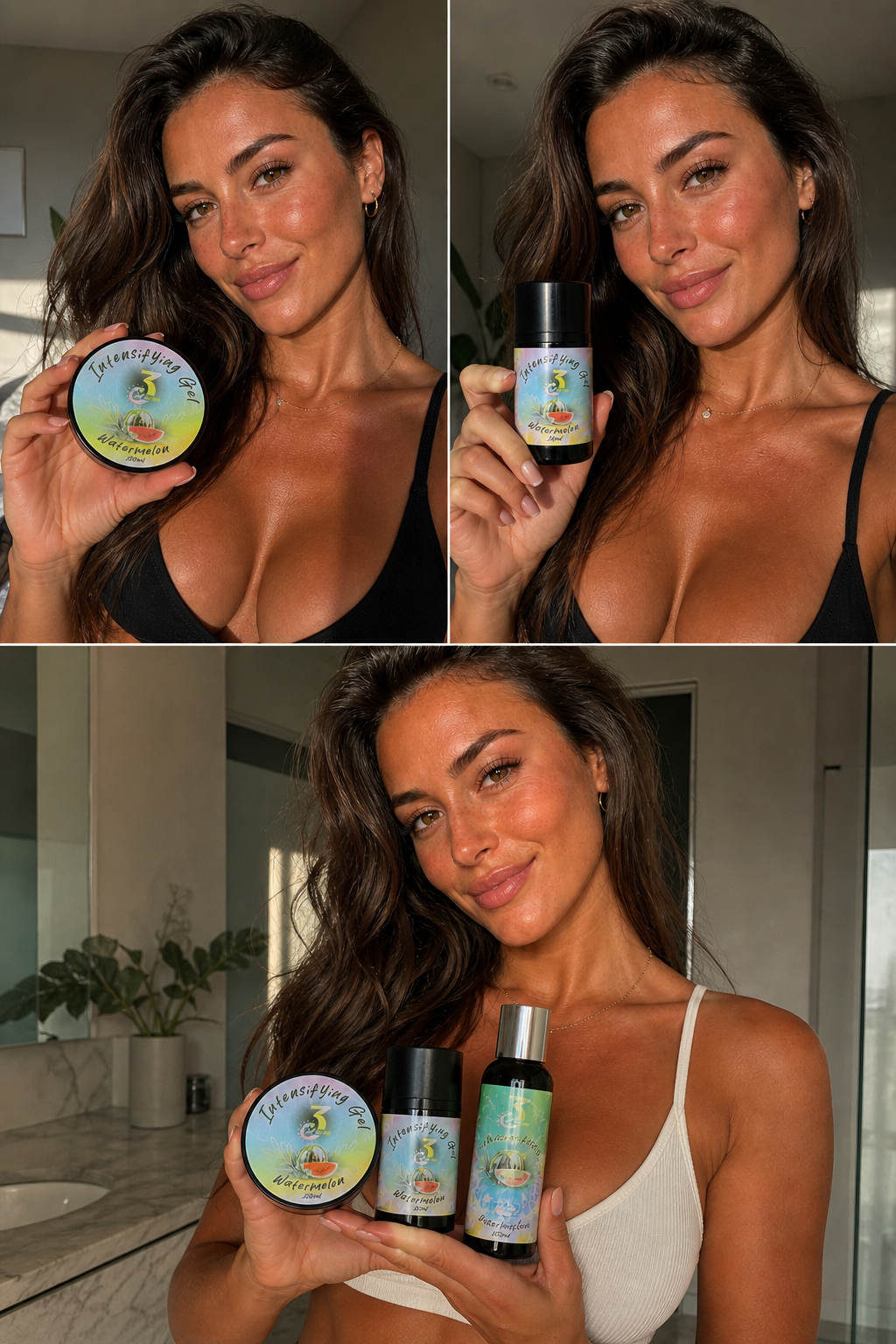 Three 3TheTan tanning products with a model showing a golden summer glow